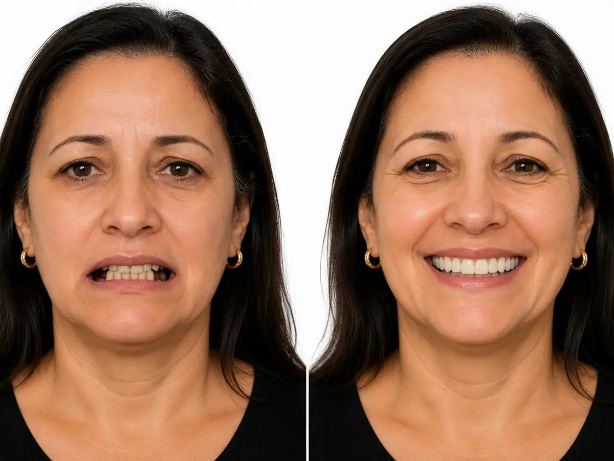 Antes e depois de Sandra L. — retratamento de implantes