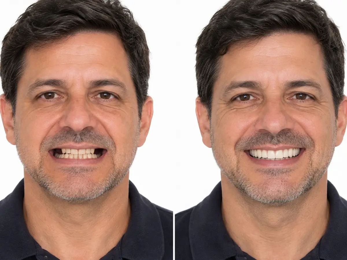 Antes e depois de Carlos A. — implantes unitários e enxerto